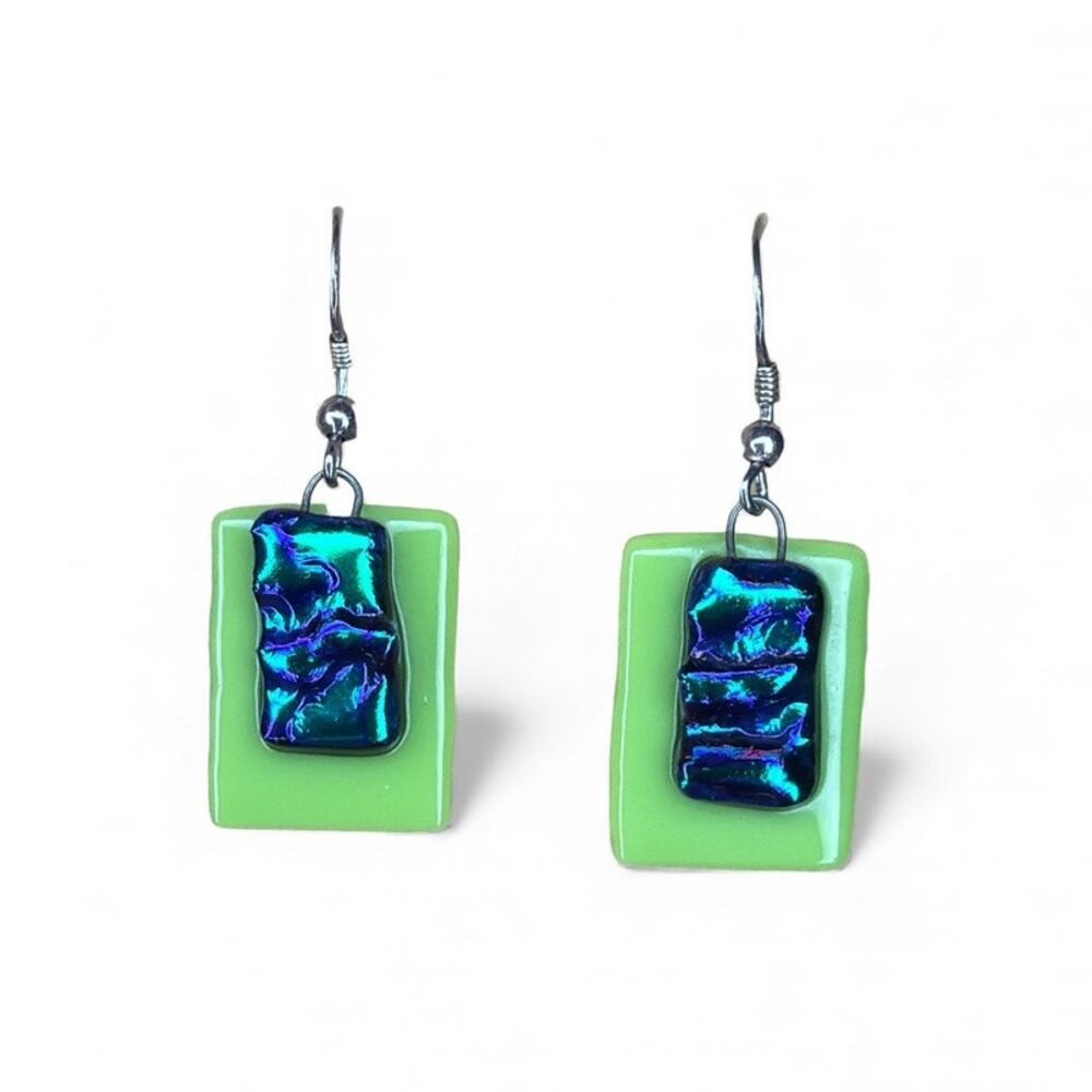 Handmade Fused Dichroic Glass Rectangle Earrings Green Iridescent Blue Unique